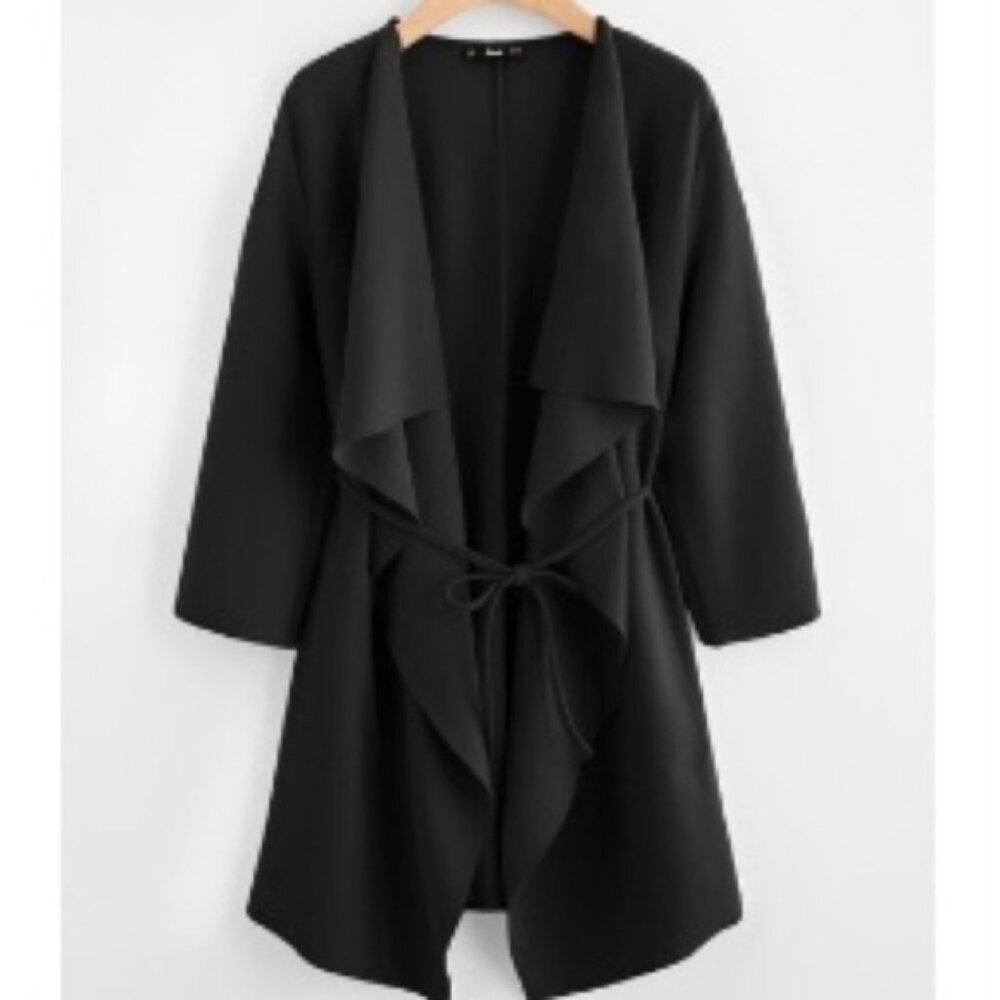 SHEIN black small waterfall collar pocket front wrap coat